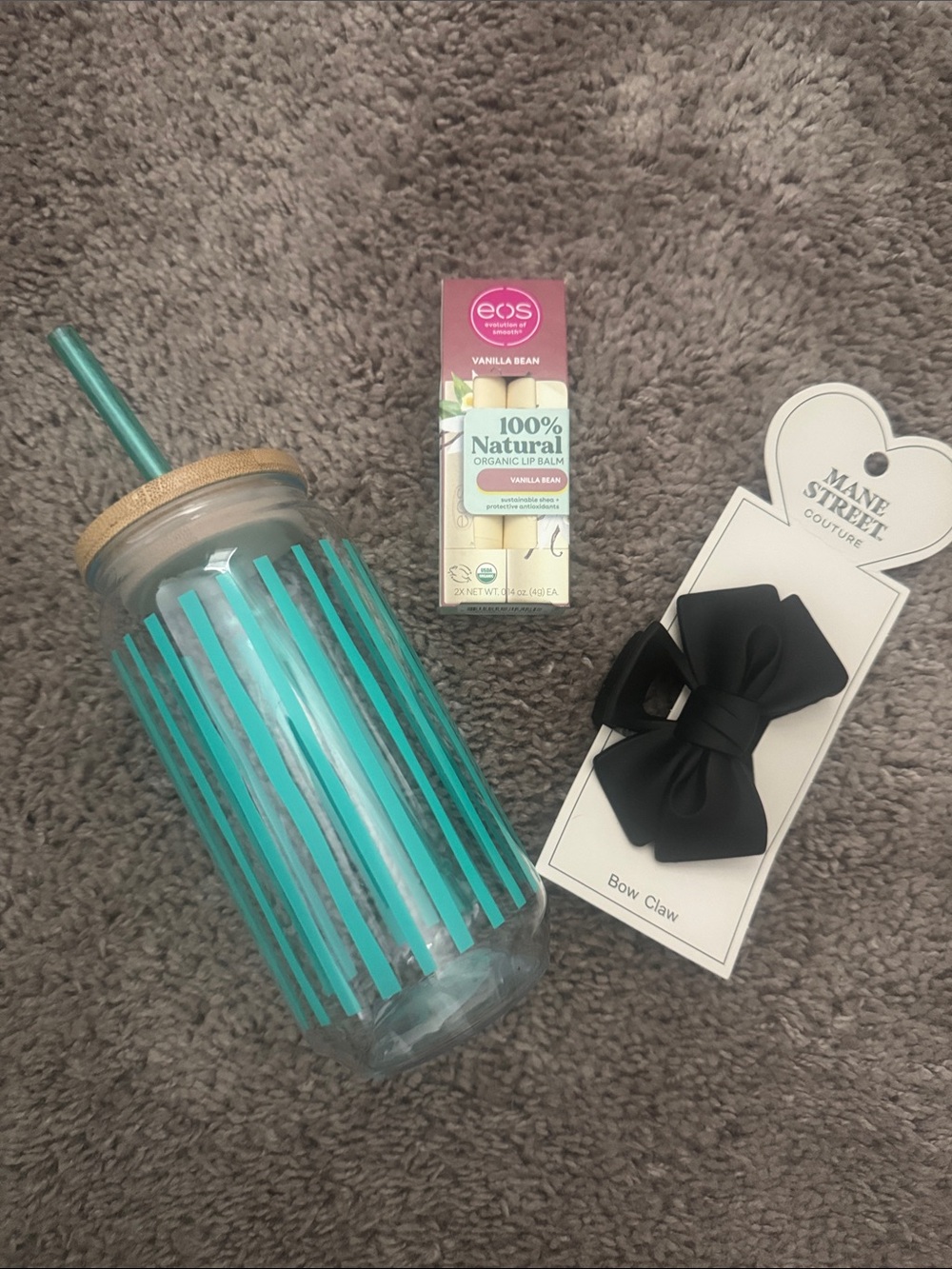 Teal Striped Mason Jar Tumbler•Bow Clip•Organic Lip Balm Gift Bundle